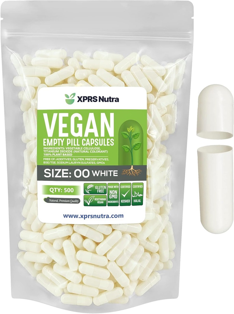 XPRS Nutra Size 00 Empty Capsules - 500 Count Empty Vegan Capsules - Vegetarian Empty Pills - DIY Vegetable Capsule Filling- Veggie Pill Caps (White)