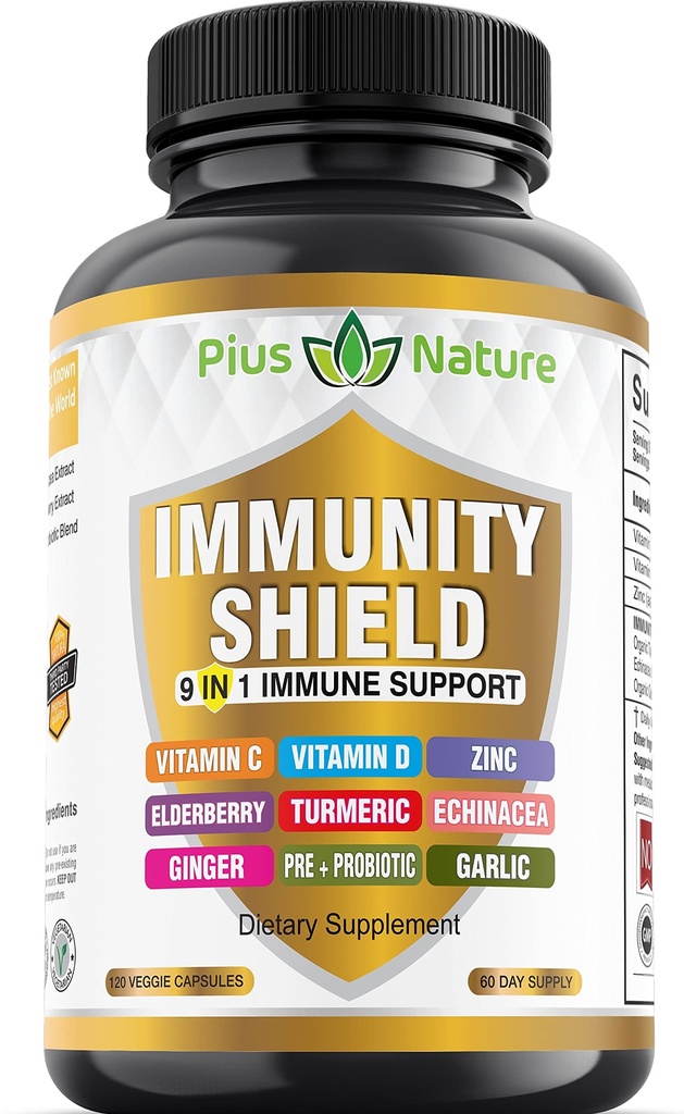9-in-1免疫サポートビタミンC(1000mg)、ビタミンD3(5000 IU)、亜鉛(22mg)、Elderberry、Turmeric、Echinacea、ジンジャー、ニンニク、前菜食主義のサービングあたり(びんごとの120の帽子- 2か月の供給)