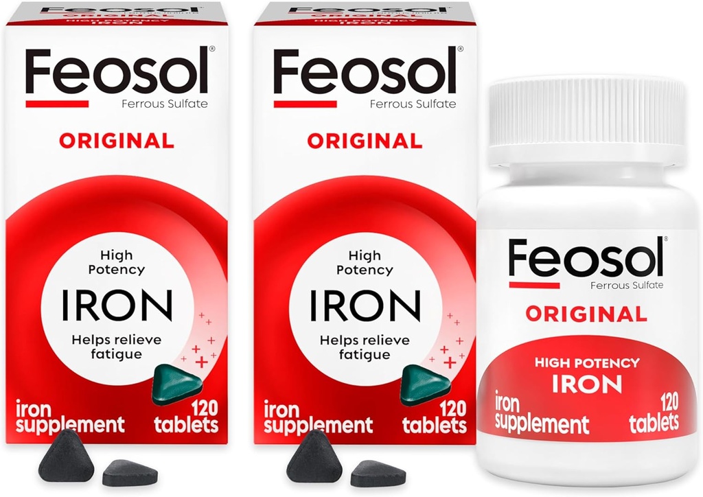 Feosol Original Iron Supplement Tablets,Non-heme 325mg Ferrous Sulfate (65mg Elemental Iron) per Pill, 1 Per Day, 4 Month Supply, for Energy and Immune System Support (120 ct Pack of 2)