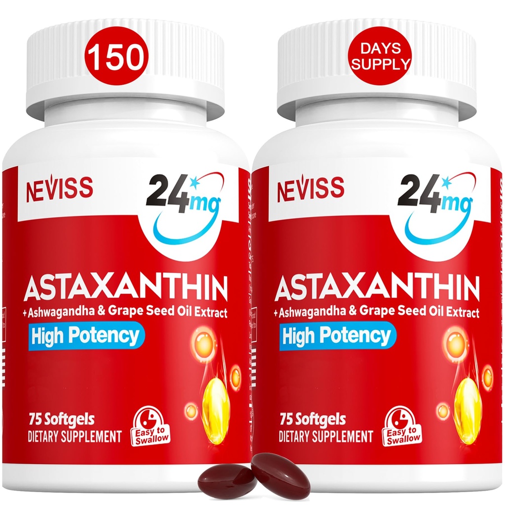 アスタキサンチンは24mg、5か月の供給-ココナッツMCTを補います オイル, 新鮮なマイクロ藻ソース w/グレープ シード オイル, アシュワガンダ - 健康な肌のための抗酸化剤, 目, 老化 - 非GMO & グルテンフリー, 150 ソフトゲル