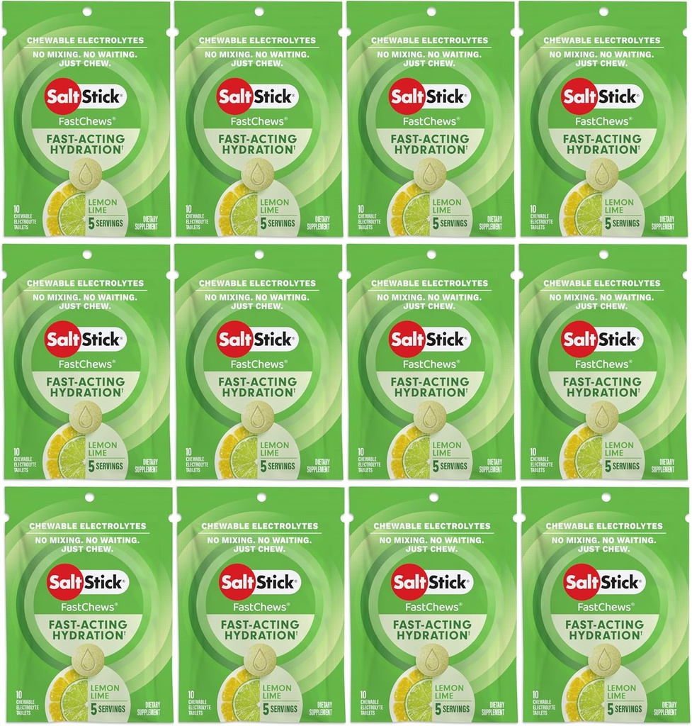 SaltStick Electrolyte FastChews Chewable Tablets, Lemon Lime, 120 count, 12 packets of 10 tablets each