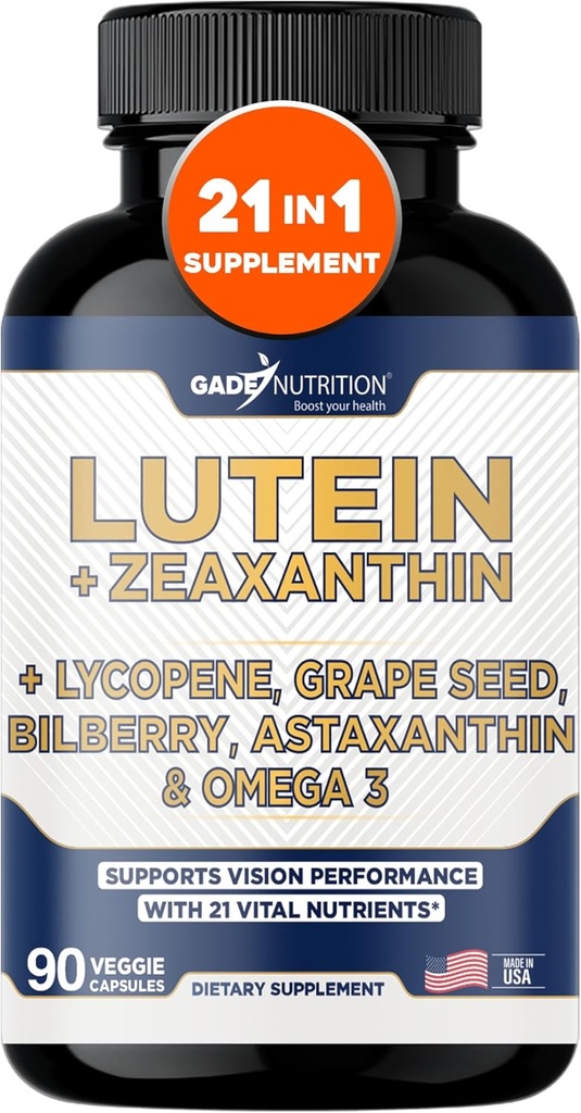 Gade Nutrition LuteinとZeaxanthin Supplements | オメガ3、レスベラトロール、Bilberry、Lycopene、Quercetin、Ginkgo Biloba、ビタミンDなどのアイケアビタミンとミネラルのアスタキサンチンアイビタミン