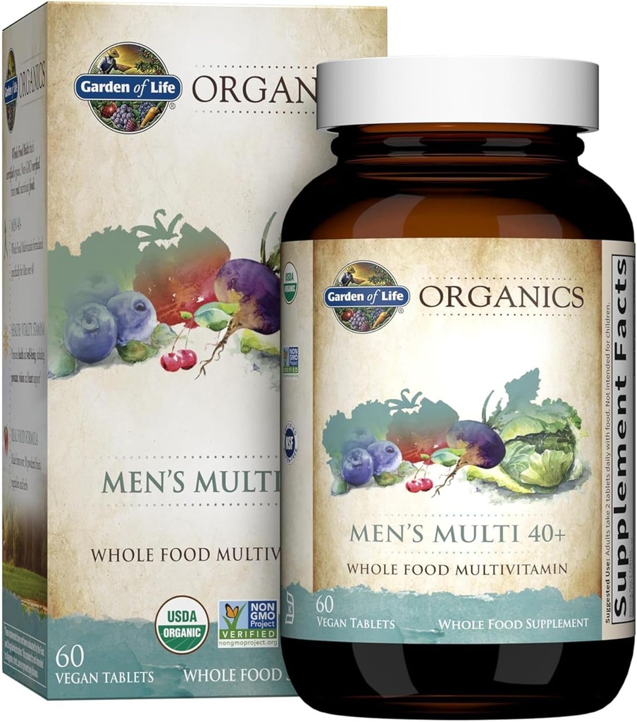Garden of Life Organics Whole Food Multivitamin for Men 40+, 60 Tablets, Vegan Mens Multi for Health, Well-Being Certified Organic Whole Food Vitamins, Minerals for Men Over 40, Mens Vitamins