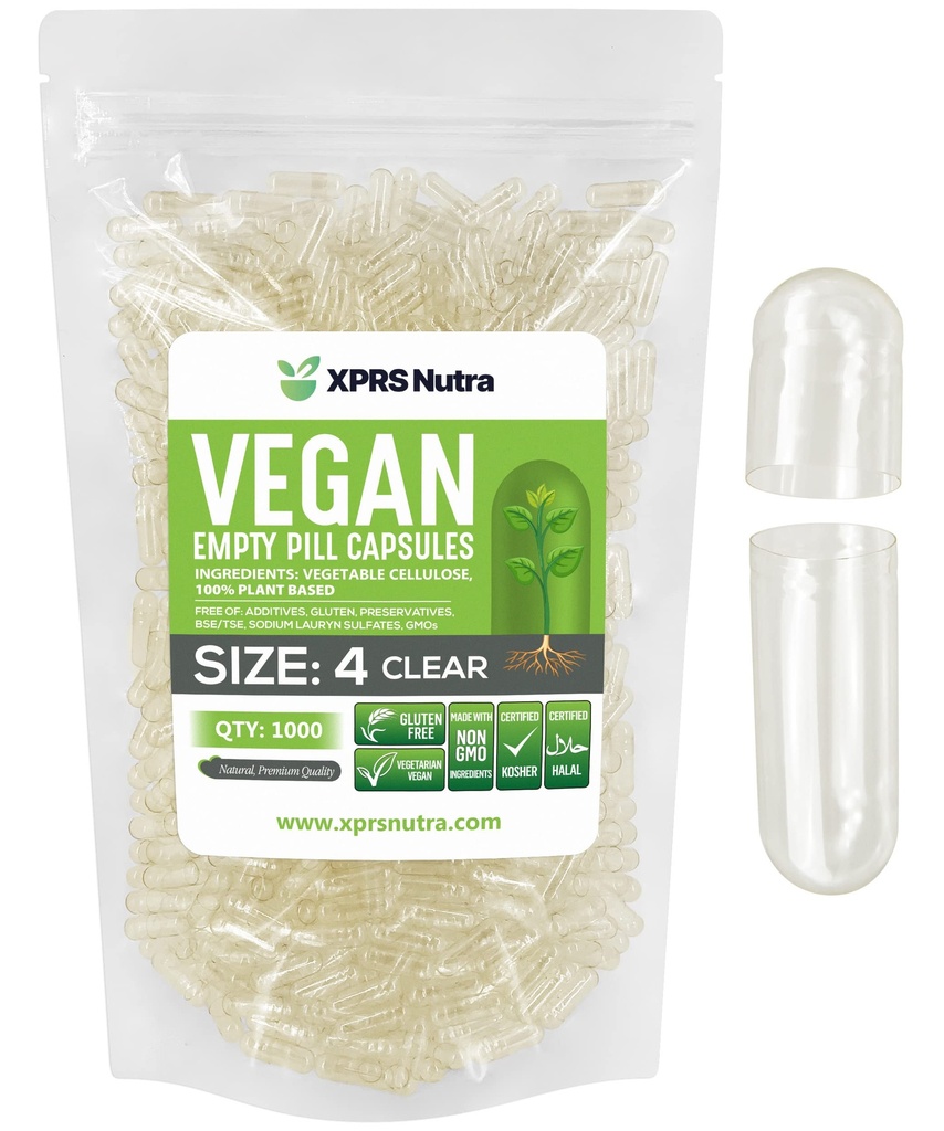 XPRSのNutraのサイズ4の空のカプセル-1000の計算の小さい明確な空のビーガン カプセル-ベジタリアンの丸薬-DIYの野菜カプセルの詰物-補足のための満たされた点それあなた自身の野菜の帽子