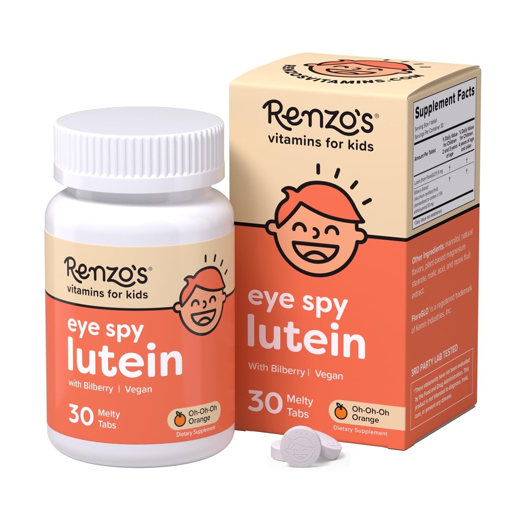 Renzo のアイ スパイ ルテインと ビルベリー エキス, 目の健康のための解体可能なキッズ ビタミン, 砂糖フリー サプリメント, 30 オレンジ風味のメルティ タブ