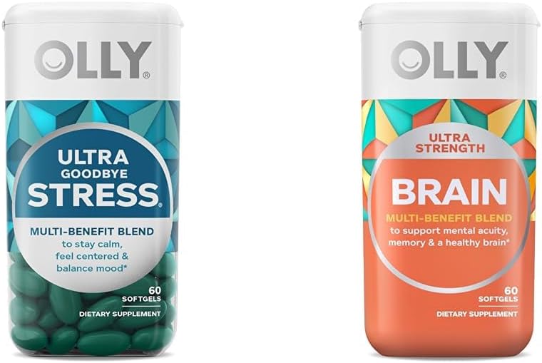 OLLYの超強さのGoodbyeの圧力Softgels、GABA、Ashwagandha、L-Theanineおよびレモン バルム及び超強さの頭脳のSoftgels、Nootropic、サポート健康な頭脳機能、記憶