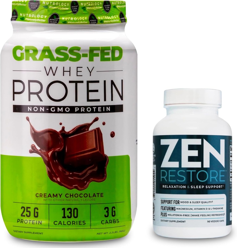Nutrology Grass Fed Whey Protein Powder, Supports Lean Muscle Recovery & Performance, Creamy Chocolate Flavor (28 Servings) Zen Natural Magnesium Supplement (30 Servings)