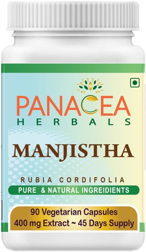 Panacea Herbals Manjistha Capsules (90 Veg Caps 400mg Extract) Rubia Cordifolia, Indian Madder for Glowing Skin Complexion. Gluten Free Lactose Free GMO Free Pure Herbal Dietary Supplement.