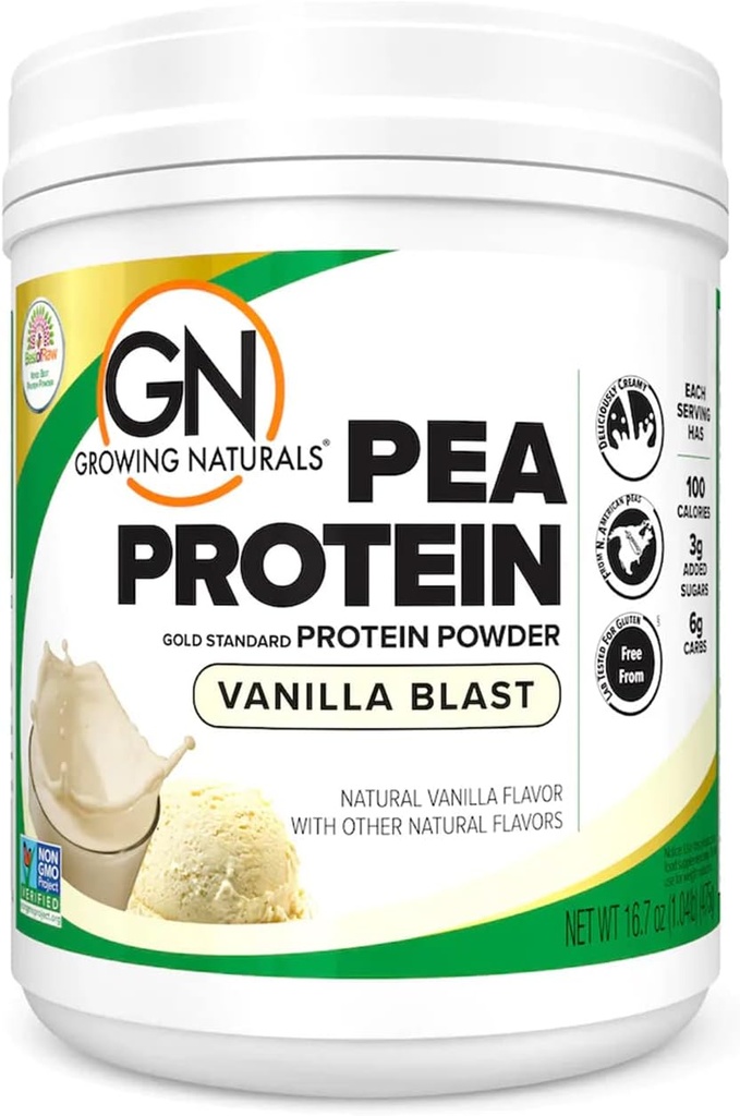 Growing Naturals Raw Pea Protein Powder, Vegan Plant Based Protein, BCAA, Low-Carb, Low-Sugar, Vanilla Blast, 1 Pound (Pack of 1)