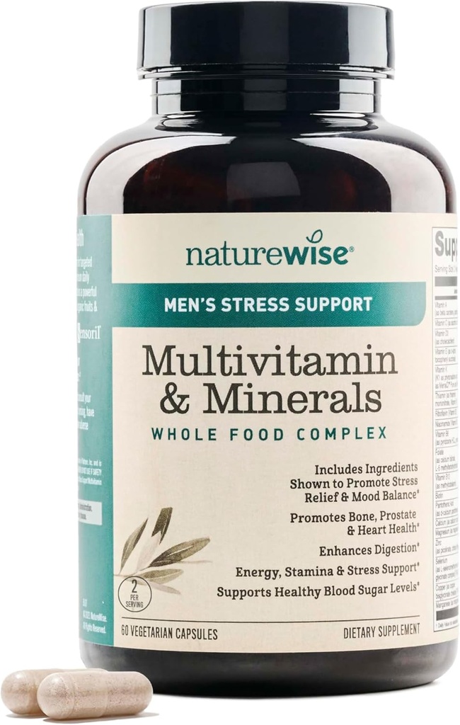 NatureWise Multivitamin for Men + Stress Support + Fulvic Ionic Minerals + Probiotics for Immunity, Male Health, Digestion + Whole Organic Foods - Vegetarian, Non-GMO - 60 Capsules[1-Month Supply]