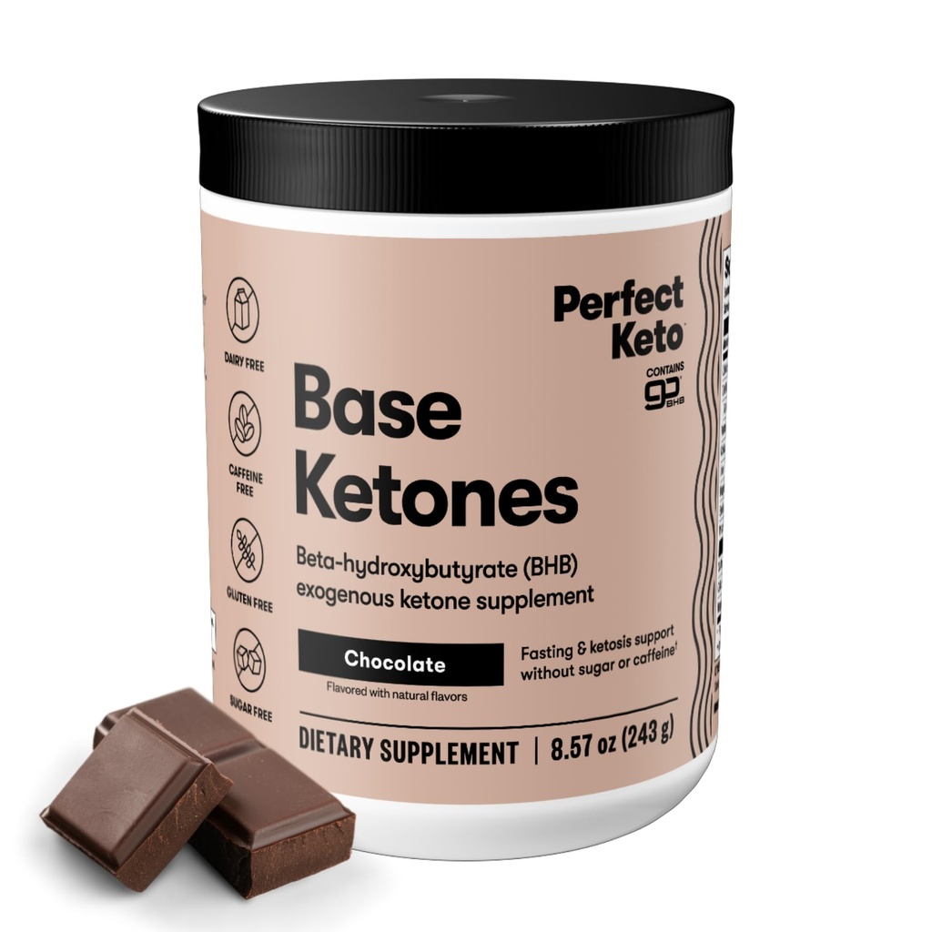 Perfect Keto Exogenous Ketones Powder, BHB Salts for Ketosis & Fasting Support, Electrolytes for Hydration, Caffeine Free Energy, Chocolate, 8.57 oz