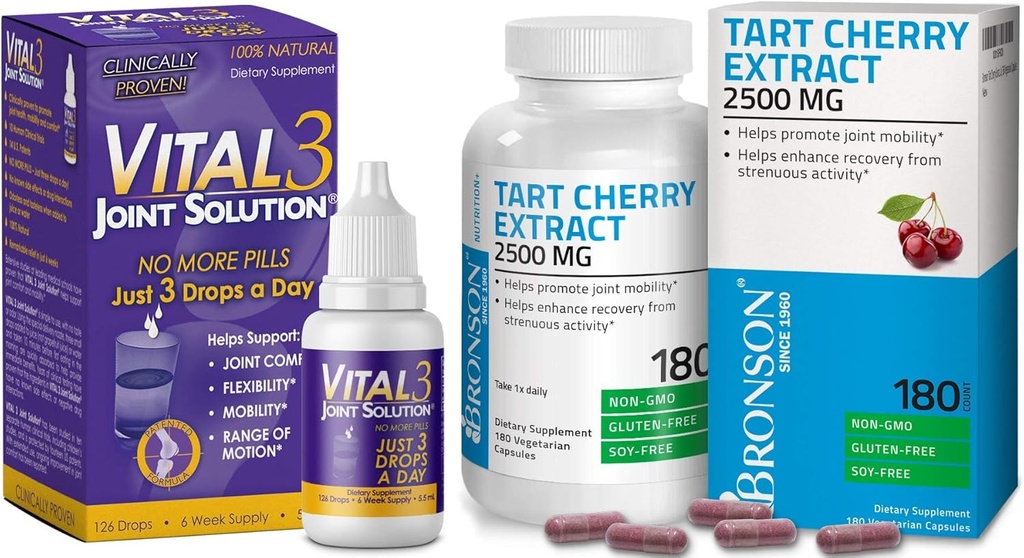 Bronson Vital 3の接合箇所の解決®の臨床的に証明された液体の膝の救助の補足のタルトのチェリーのエキス2500のmgのベジタリアンのカプセル