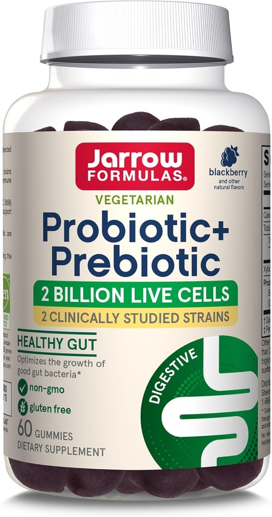 Jarrowフォーミュラ プロバイオティクス+ プレバイオティック ダイエット サプリメント, 消化の健康, Gut Flora+Immune Health - 2 Billion CFU - 2 臨床的に研究された緊張 - 60 グミ - ブラックベリー味