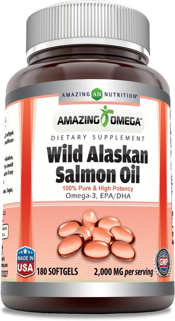アメイジングオメガワイルドアラスカサーモンオイルサプリメント | 2000 Mg / サービング | 180 Softgels | NonGMO | グルテンフリー | アメリカ製
