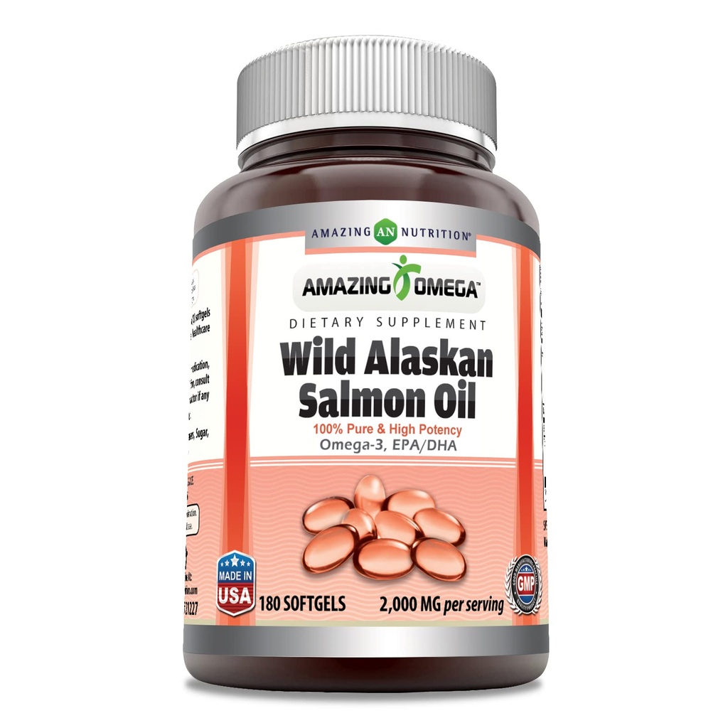アメイジングオメガワイルドアラスカサーモンオイルサプリメント | 2000 Mg / サービング | 180 Softgels | NonGMO | グルテンフリー | アメリカ製