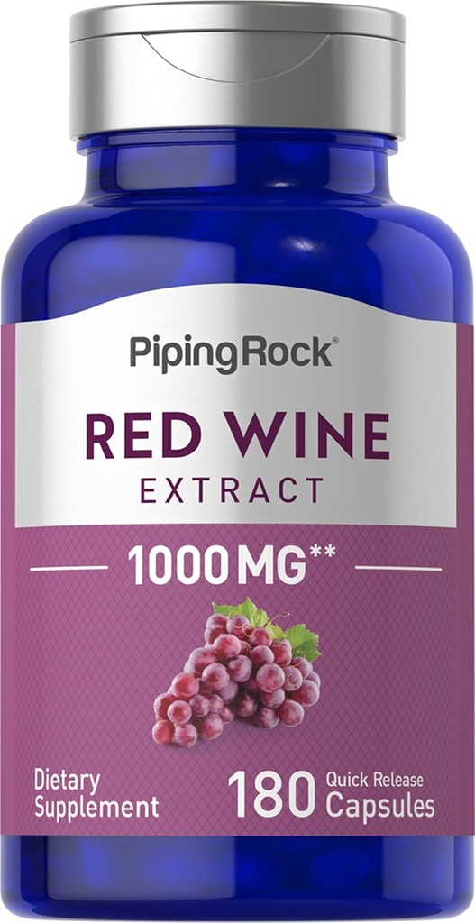 パイピングロック赤ワインエキスカプセル1000mg | 180カウント | GMO以外のグルテンフリーサプリメント