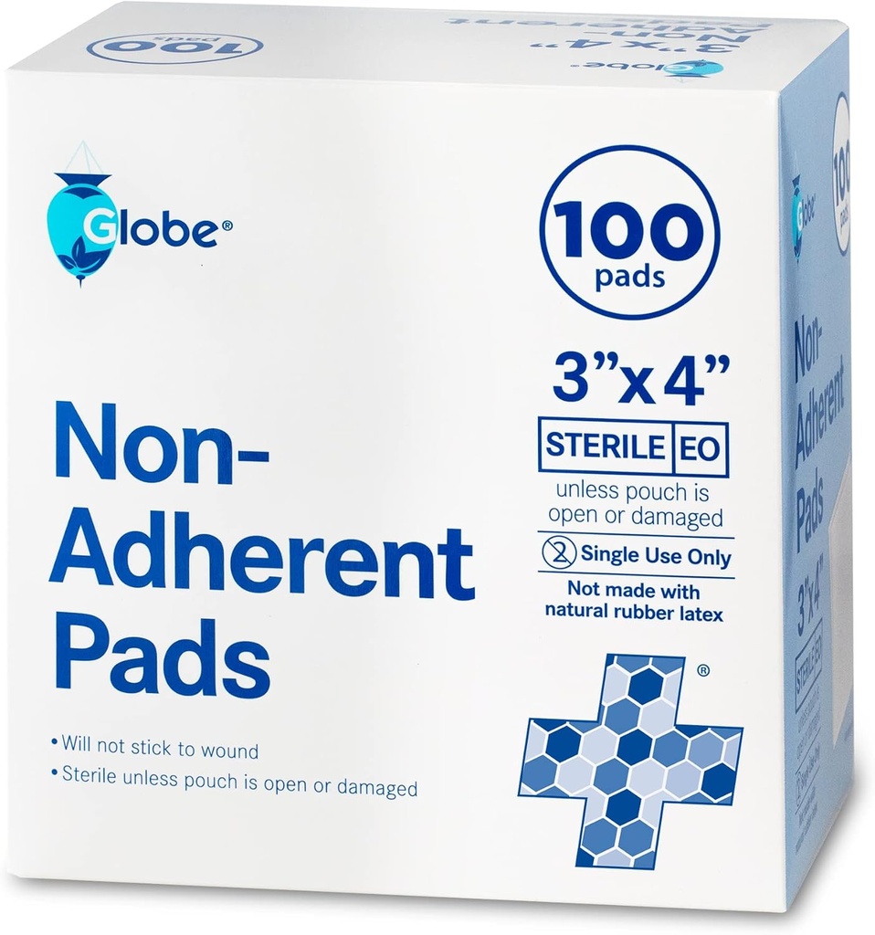 Globeアドバンスト・ステアリー・ノン・アヒーレント・パッド|100-Pack、3"×4"|非接着性の傷のドレッシング|高吸収性&非粘着性、痛みのない取り外しスイッチ|個人的に余分な保護のためにラップ(3 x 4)
