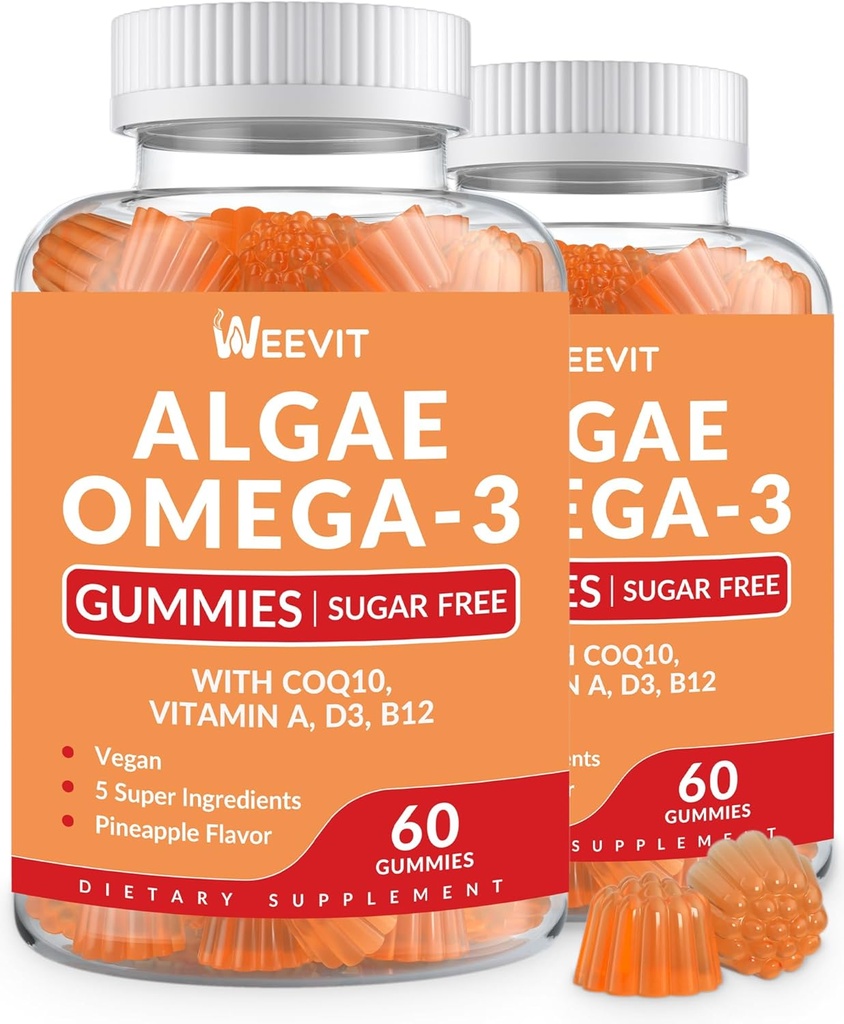 ビーガンオメガ3グミー、藻オメガ3サプリメントDHA 240mg、EPA 110mg w /ビタミンB12、CoQ10、大人のための魚油代替 - 脳、骨、目&免疫サポート