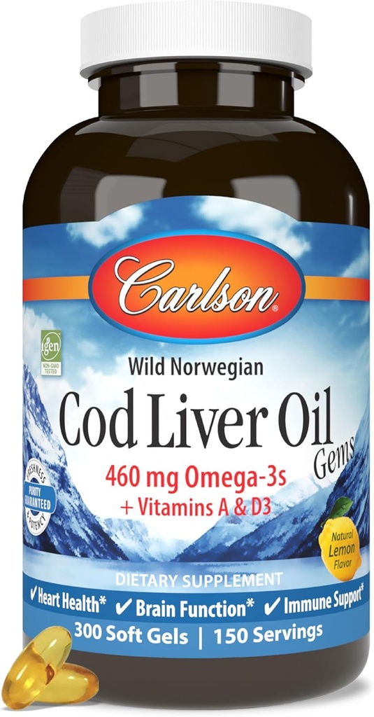 カールソン - タラ肝油、460 mg Omega-3s +ビタミンA&D3、ワイルドキャッチ ノルウェーアークティックコッドレバーオイル、持続的に供給されたノルディックフィッシュオイルカプセル、レモン、300 Softgels