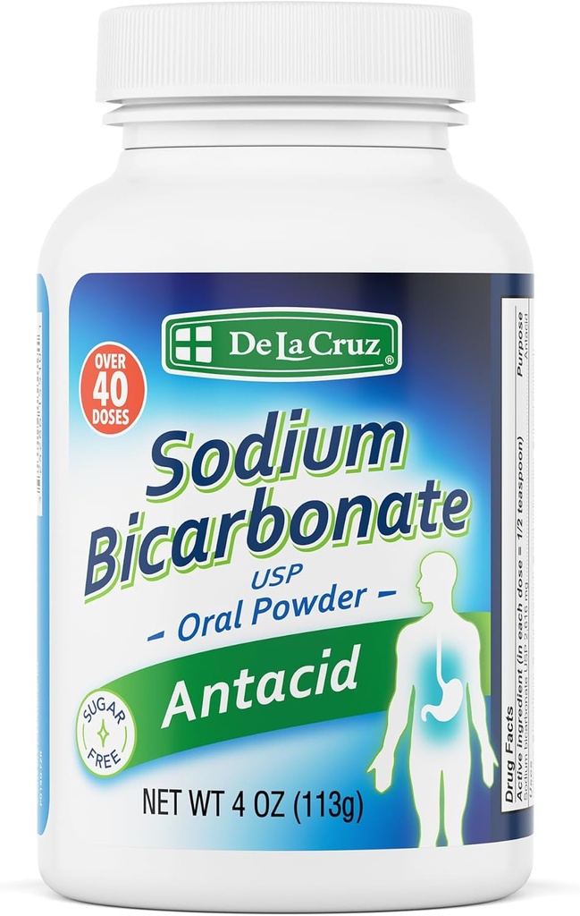 De La Cruz Pure Sodium Bicarbonate - USP Grade Bicarbonate of Soda – 100% Pure Baking Soda – Aluminum Free Antacid Powder for Heartburn & Indigestion - Packed in USA, 4 OZ.