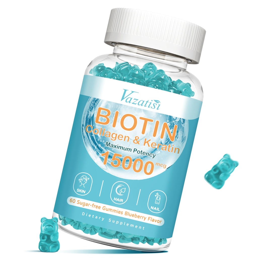 ビオチンとコラーゲンは、B12、髪の皮膚と髪の成長のためのビタミンのグミ、皮膚の輝きと強力な爪 - ブルーベリー風味、砂糖無料、60 Ct
