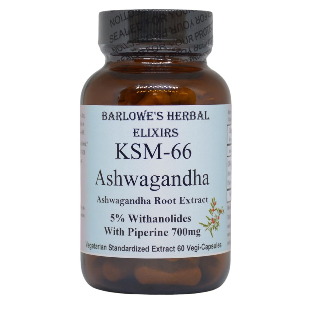 Barloweの草のエリクサーKSM-66 Ashwagandha | Ashwagandhaの根のエキス | 5%のwithanolides | カプセルごとの700mg | 60の野菜のカプセル | ステアレートは放します | ガラス ビン