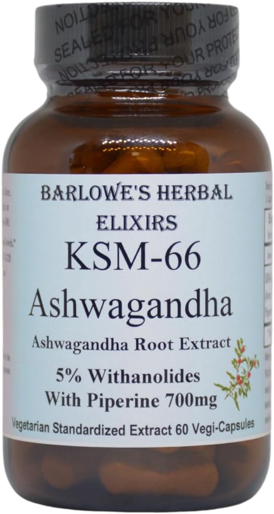 Barloweの草のエリクサーKSM-66 Ashwagandha | Ashwagandhaの根のエキス | 5%のwithanolides | カプセルごとの700mg | 60の野菜のカプセル | ステアレートは放します | ガラス ビン