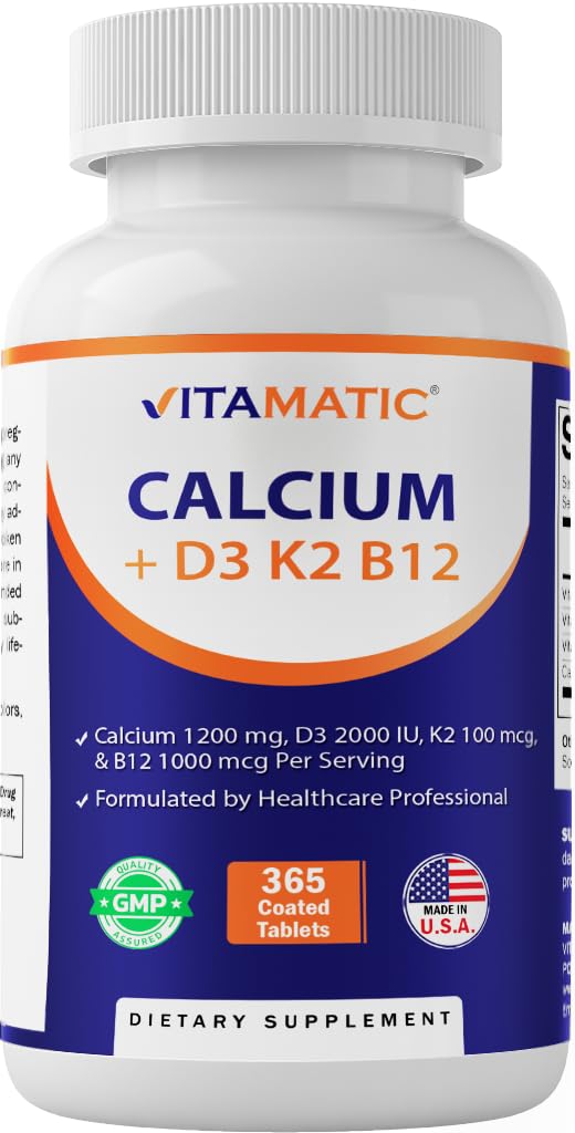 VitamaticカルシウムはD3、K2及びB12、免疫及び骨の健康サポート- 365の上塗を施してあるタブレットと1200mgを補います