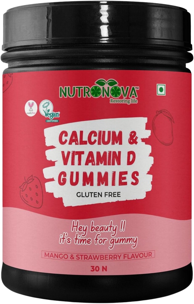 Generic Rise. Calcium & Vitamin D Vegan Gummies for Women (30 Chewables gummies, Mango & Strawberry Flavour) Fortified with Vitamin D 200IU, and Calcium for Strong Teeth and Bones, Nautral