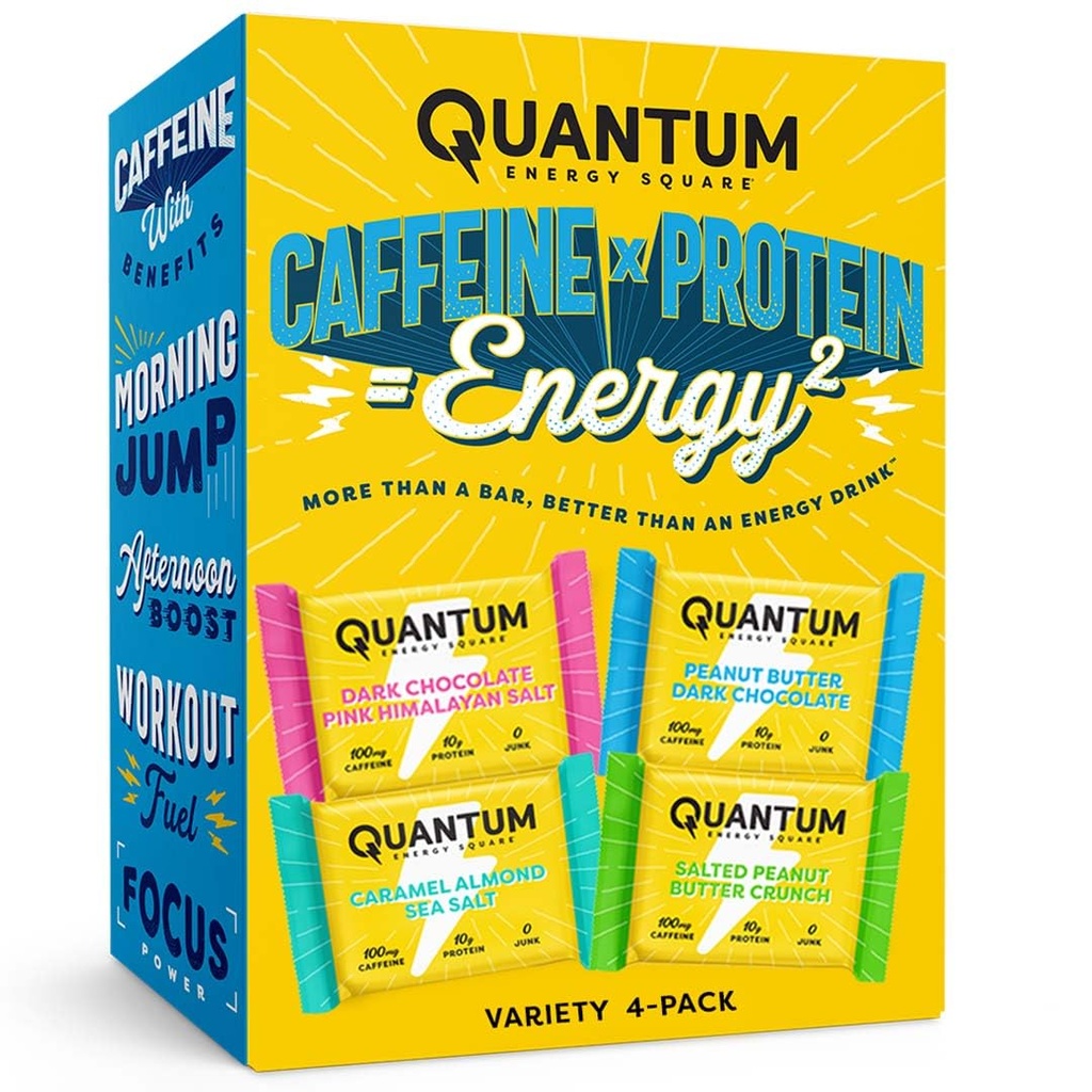 量子エネルギースクエア - カフェインとエネルギーバー & 10g タンパク質, 行く上で健康的なスナック - ビーガン, グルテンフリー, 大豆 & 乳製品フリー - 品種 4-パック