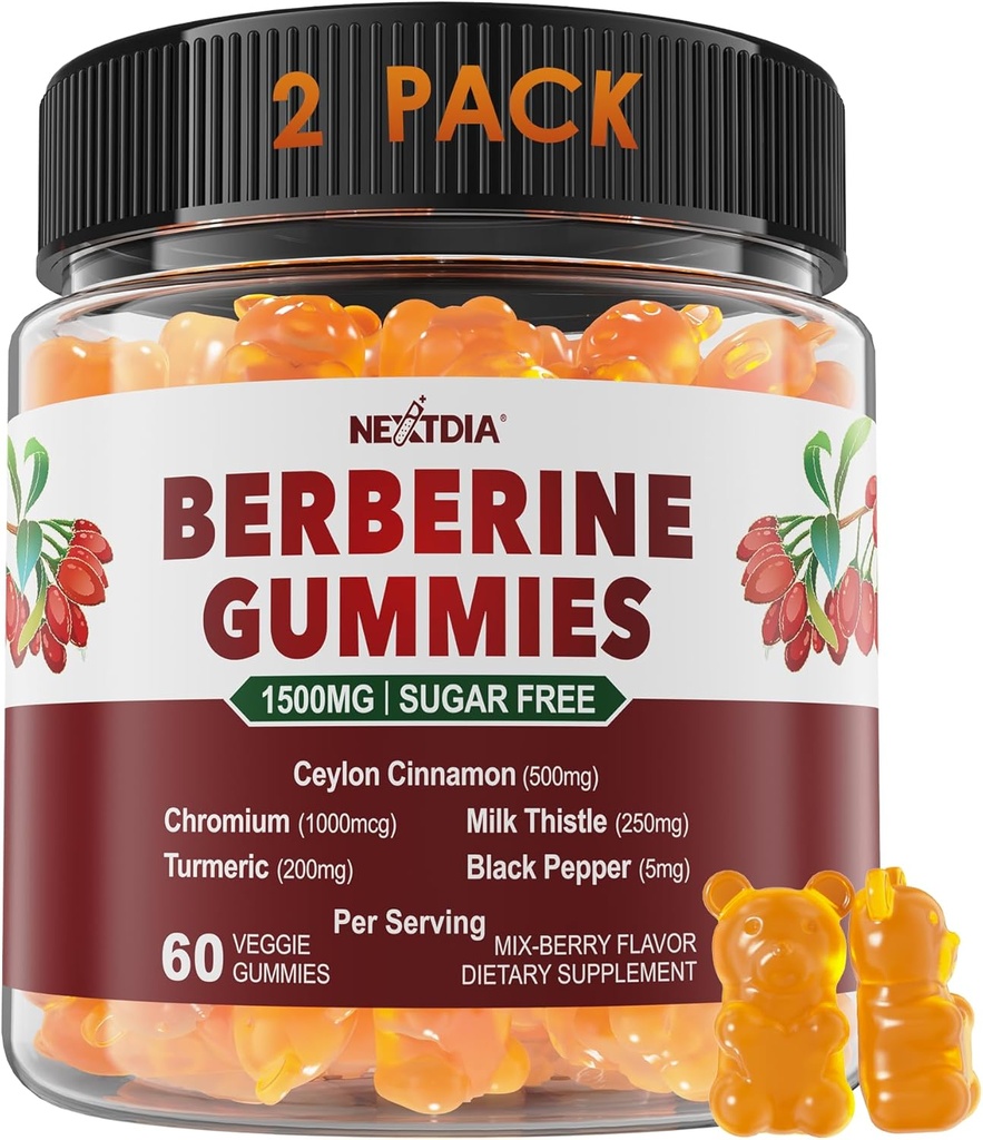 2 パック - Berberine Gummies 1500 mg 砂糖無料, オーガニック Berberine サプリメント w/Ceylon Cinnamon, クロム, ターメリック, メタボリズムのためのミルク アッテル, インドのバーベリー エキスから Berberine HCl, ビーガン