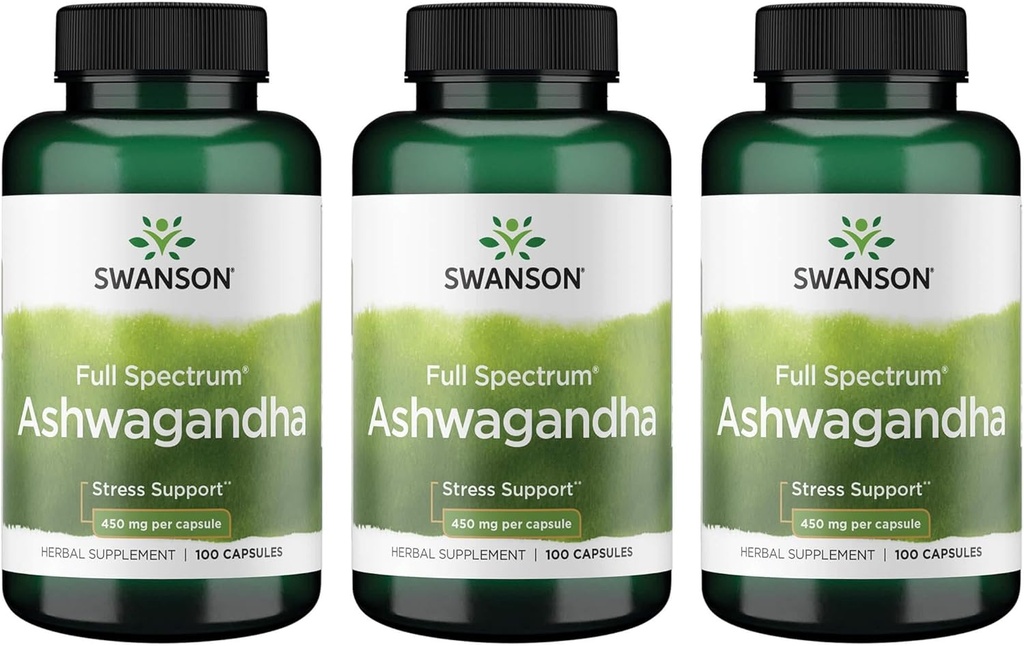 Swanson Ashwagandhaの粉の補足Ashwagandhaの根は自然な健康のための圧力救助及びエネルギー サポート Ayurvedicの補足(100のカプセル、450mgそれぞれ) 3のパックを促進します