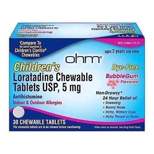 Ohmの子供のLoratadineのChewable、Dyeは、Sneezing、Ronyの鼻、水目の痛みの喉か鼻、Antihistamine、屋内及び屋外のアレルギー、5mg、30のタブレットのNon-Drowsy 24h救助します