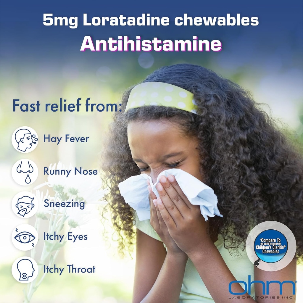 Ohmの子供のLoratadineのChewable、Dyeは、Sneezing、Ronyの鼻、水目の痛みの喉か鼻、Antihistamine、屋内及び屋外のアレルギー、5mg、30のタブレットのNon-Drowsy 24h救助します