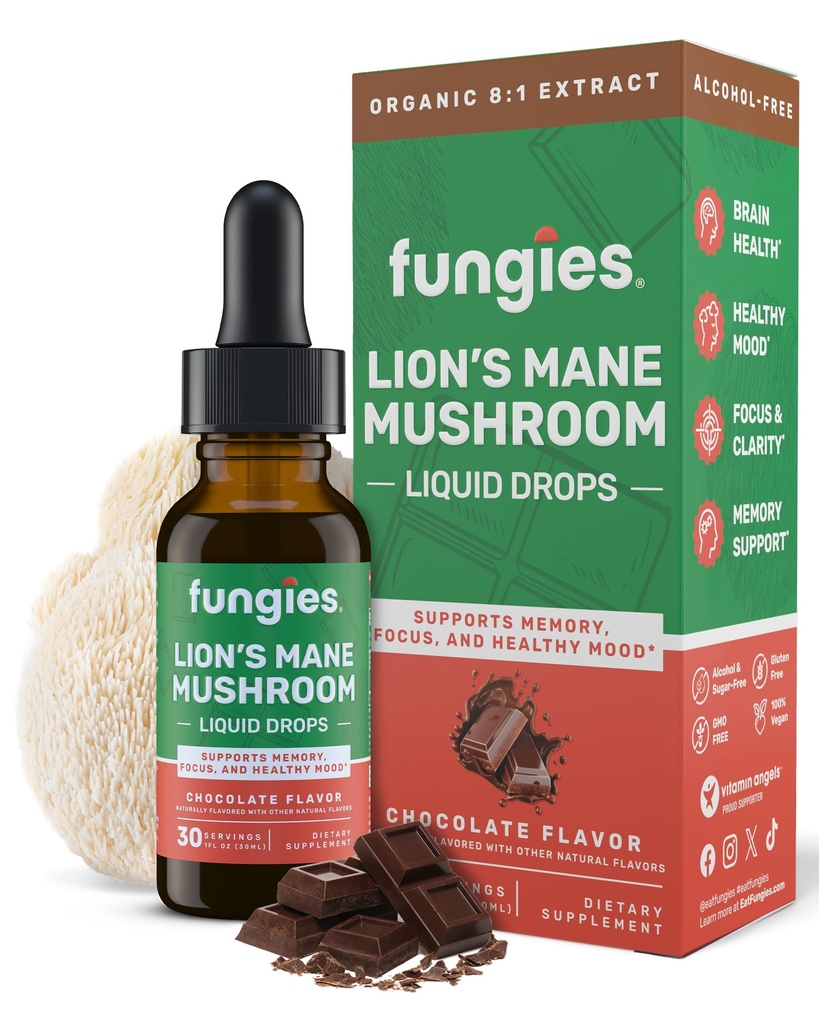 Fungies ライオンのマネのきのこの液体の低下、チョコレート-ライオンズ マネのエキスが付いているチンキは頭脳の霧、焦点、記憶及び健康な気分-大人のためのマッシュルームの複雑な補足- 30のサービングを支えます