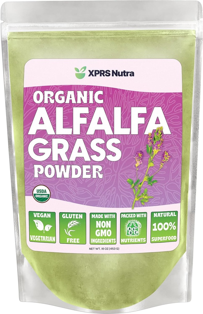 XPRS Nutra有機アルファパウダー - プレミアムビーガンサプリメントカルシウム、抗酸化剤、ビタミン - 子供のためのファーマーサプリメント - ビーガンフレンドリーアルファリーフ(16オンス)