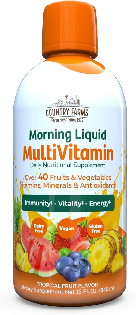 Country Farms Liquid Multivitamin, Vitamins and Minerals for Immune Support and Energy, Herbal Blend, Vegan, Multivitamin for Women and Men, Gluten Free, Tropical Fruit Flavor, 32 fl oz