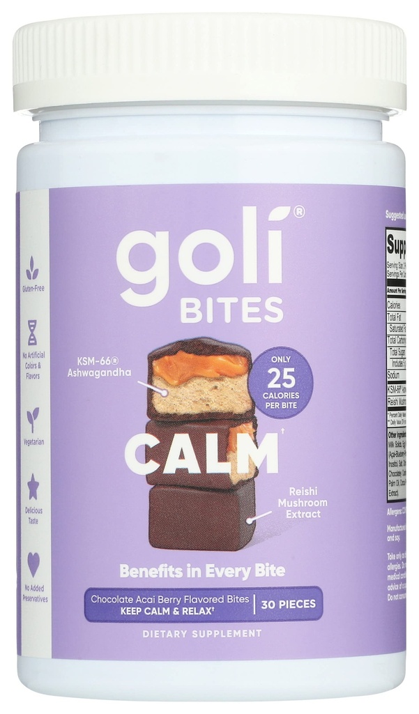 Goli Nutrition Calm Ashwagandha Bites Chocolate Acai Berry Flavor、Caffeinated、ベジタリアン、グルテンフリー、および追加保存料なし、30ピース(1のパッケージ)