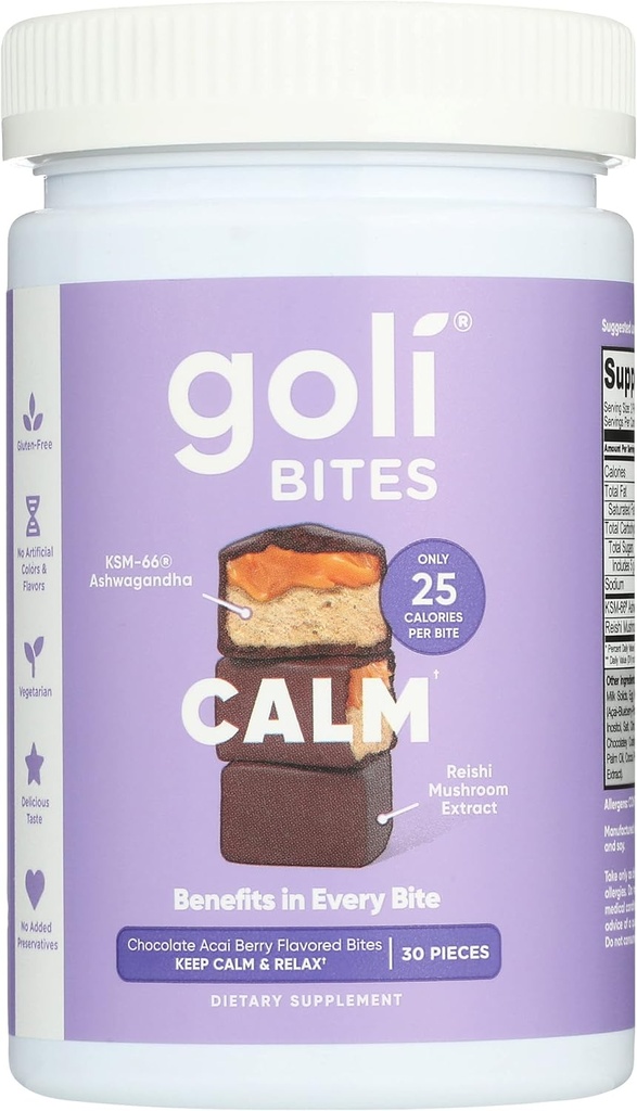 Goli Nutrition Calm Ashwagandha Bites Chocolate Acai Berry Flavor、Caffeinated、ベジタリアン、グルテンフリー、および追加保存料なし、30ピース(1のパッケージ)