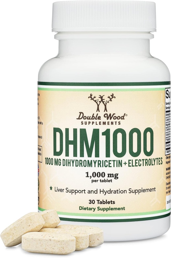 DHM1000 Dihydromyricetin (DHM) タブレット - 市場で最も強力な DHM サプリメント - 1,000 mg (30 カウント) ダブルウッドによる水和と肝臓のサポートのための電解物を強化