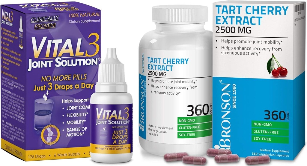 Vital 3の接合箇所の解決®の臨床的に証明された液体の膝の救助の補足+ Bronsonのタルトのチェリーのエキス2500のmgのベジタリアンのカプセル
