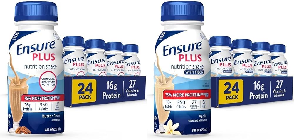 Ensure Plus Nutrition Shake with 16 grams of protein & Ensure Plus Liquid Nutrition Shake with Fiber, 16 Grams of Protein, Vanilla, 8 Fl Oz Bottle (Pack of 24)