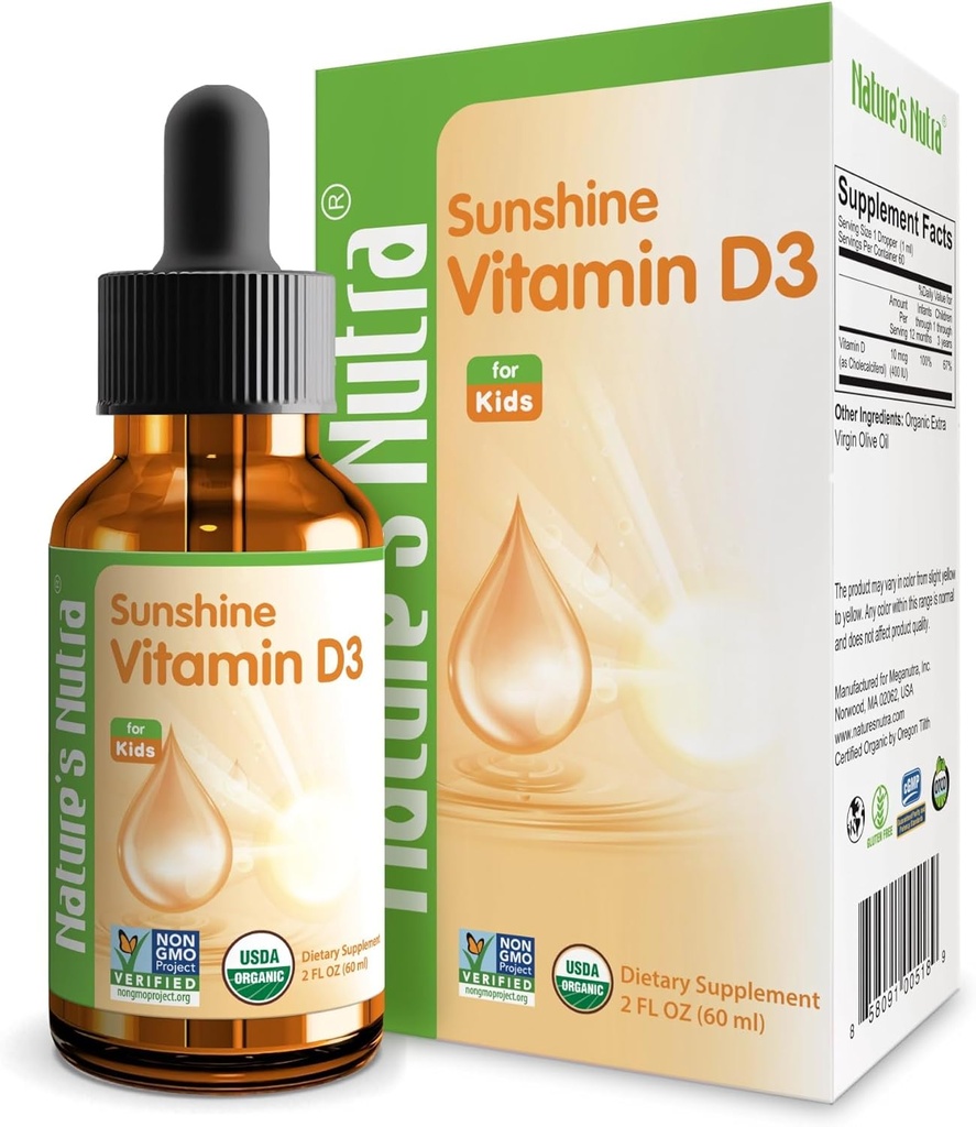 Nature's Nutra Sunshine Vitamin D3 400IU、2 Fl. Oz(60ml)、Premium Baby and Infant Liquid Drops、Toddlers Kids Children Multivitamin Supplement、Non-GMO、植物エキス
