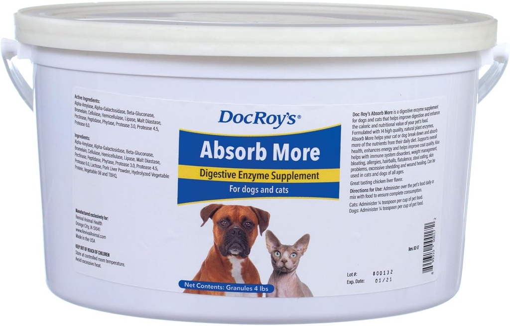 Doc Royの吸収 もっと - 犬と猫のための消化酵素サプリメント - 4lb顆粒