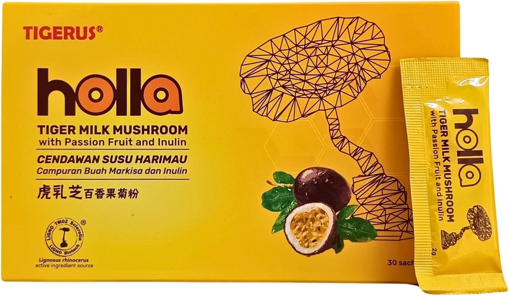 TIGERUS® Holla Tigerミルクマッシュルーム、パッションフルーツとインリン - 免疫サポート、消化の健康、抗酸化ブースト、ナチュラルウェルネスサプリメント - 30サチェット