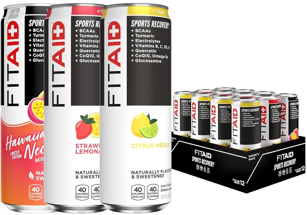 FITAID Recovery Blend, Variety Pack, BCAAs, Glucosamine, Electrolytes, Omega-3s, Green Tea, 100% Clean, Paleo, Vegan & Gluten-Free, Naturally Sweetened & Flavored, 12-oz. cans (Pack of 12)