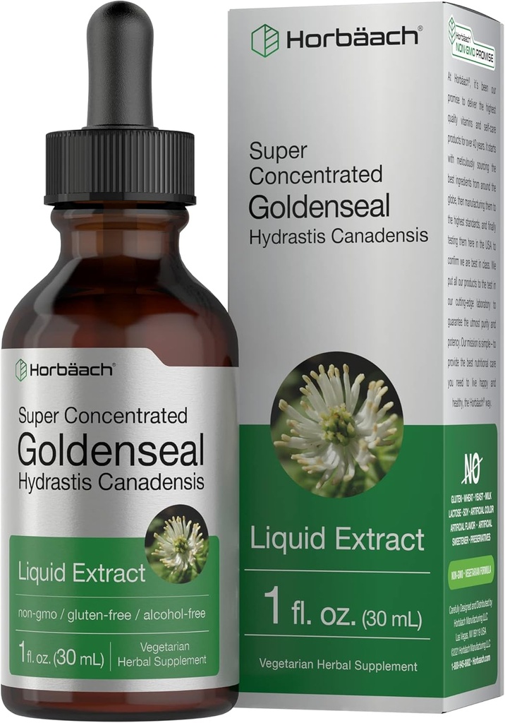 Horbäach Goldenseal Root Tincture | 1 Fl Oz | Liquid Extract Supplement | Hydrastis Canadensis Herb Drops | Alcohol Free | Vegetarian, Non-GMO, and Gluten Free