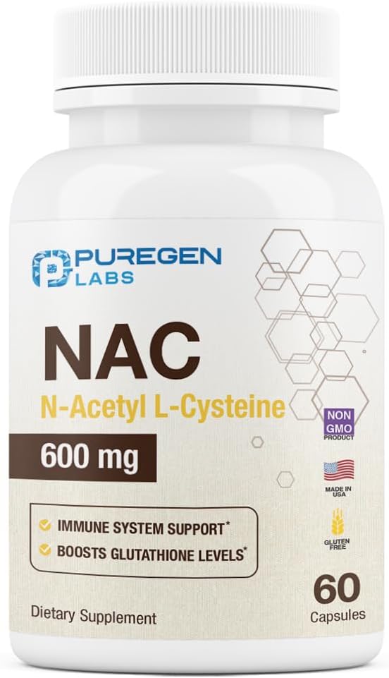 ピュアゲンラボN-アセチル-L-システイン(NAC) 600mg、免疫、呼吸器、肝臓の健康、NAC 600mg、強力な抗酸化サポート、吸収しやすい - 60ベジタリアンカプセル