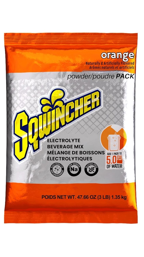 Sqwincher パウダーパック| オレンジ風味 | 低カロリー | 低いナトリウム | 電解液補充液 ミックス | 5ガロン入り | 47.66 oz パック(16パック)