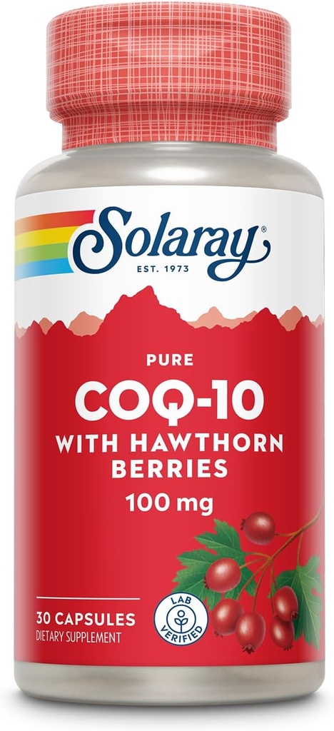 Solaray 純粋な CoQ10 100mg と Hawthorn Berry, CoEnzyme Q10 と ビタミン E と 細胞エネルギーと心臓の健康サポート, ラボ検証済み, 60 日保証, 30 のサービング, 30 カプセル